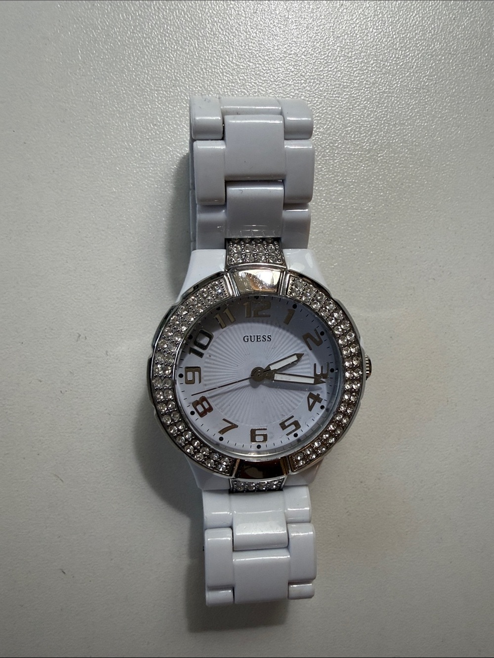 GUESS White Crystal-Trim Ceramic Bracelet Watch